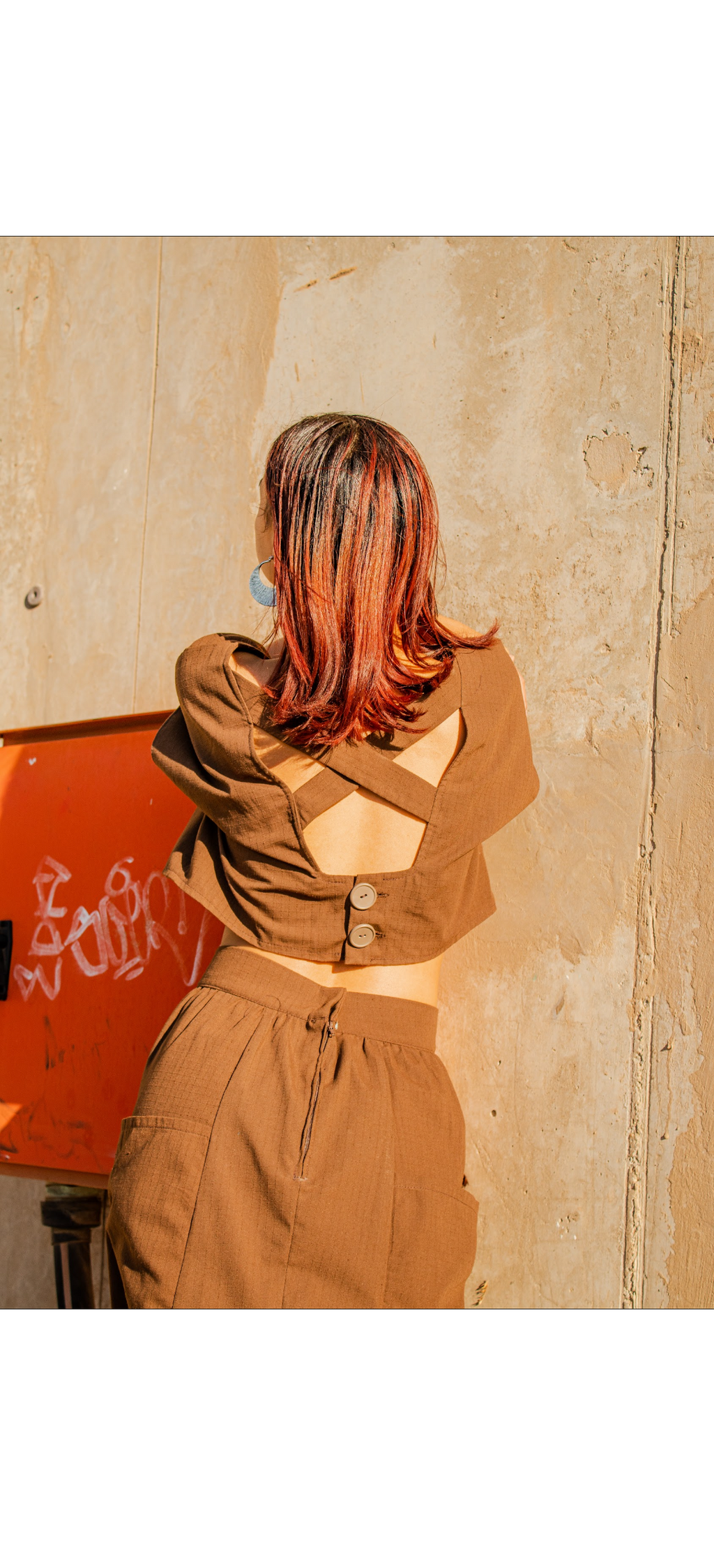 Brown Cut-Out Back Crop Jacket + Skirt Set back view