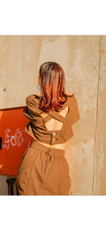 Brown Cut-Out Back Crop Jacket + Skirt Set back view