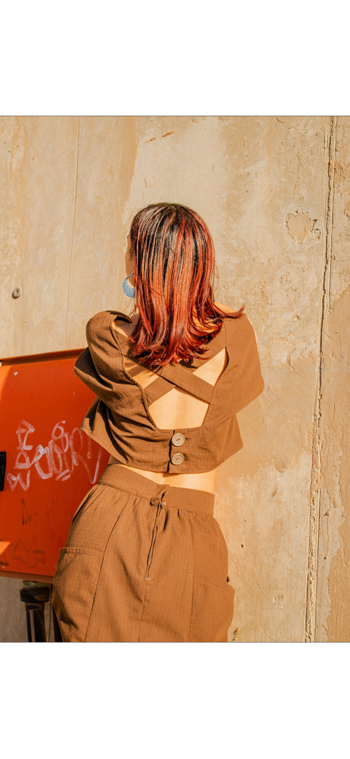Brown Cut-Out Back Crop Jacket + Skirt Set back view